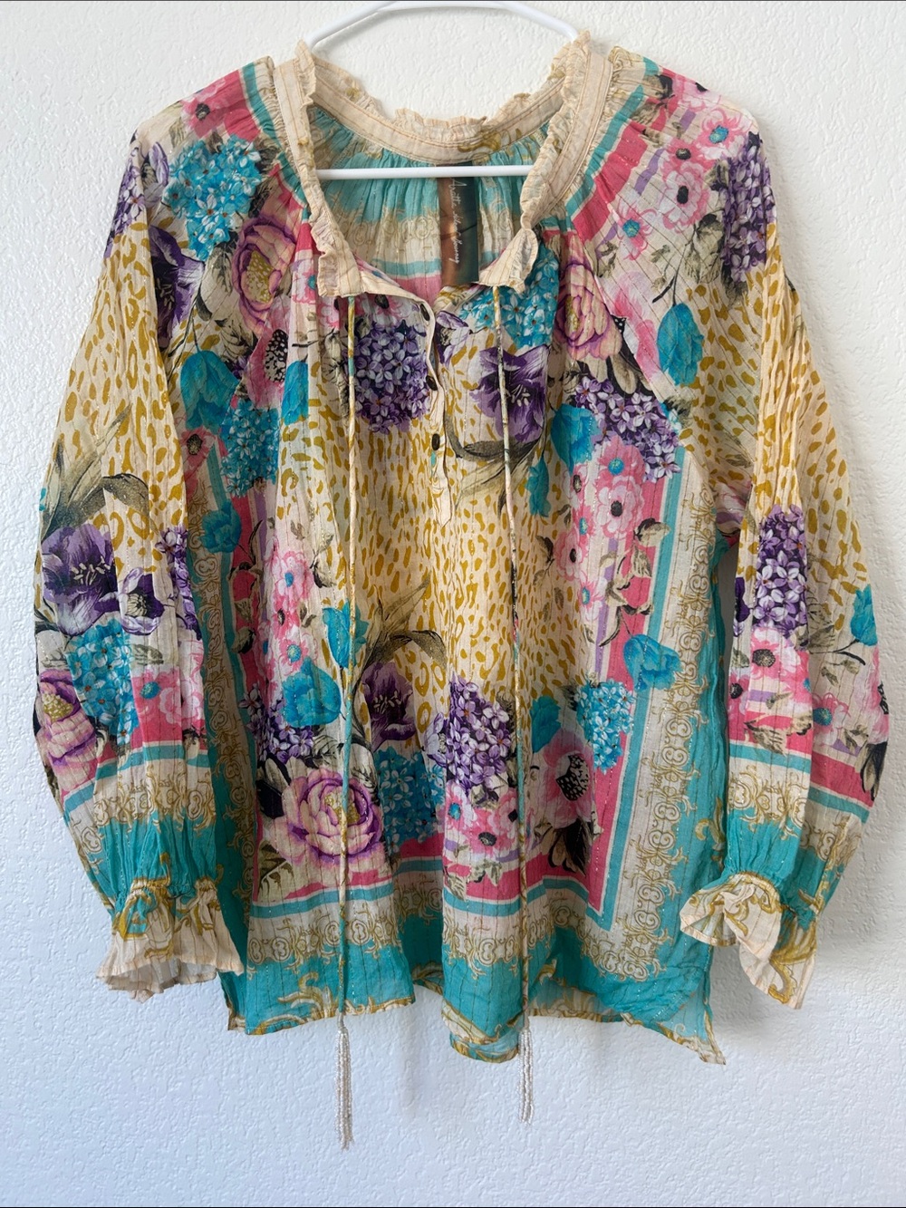Boho Floral Patchwork Peasant Blouse in Teal, Yellow & Pink - Picture 6 of 11